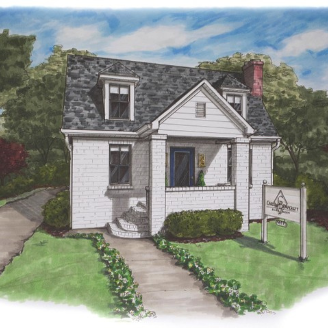 Illustration of a white brick house with a steep gray shingled roof, front porch, and landscaped garden with a walkway leading to the front door. There is a sign in the yard with a logo and text.