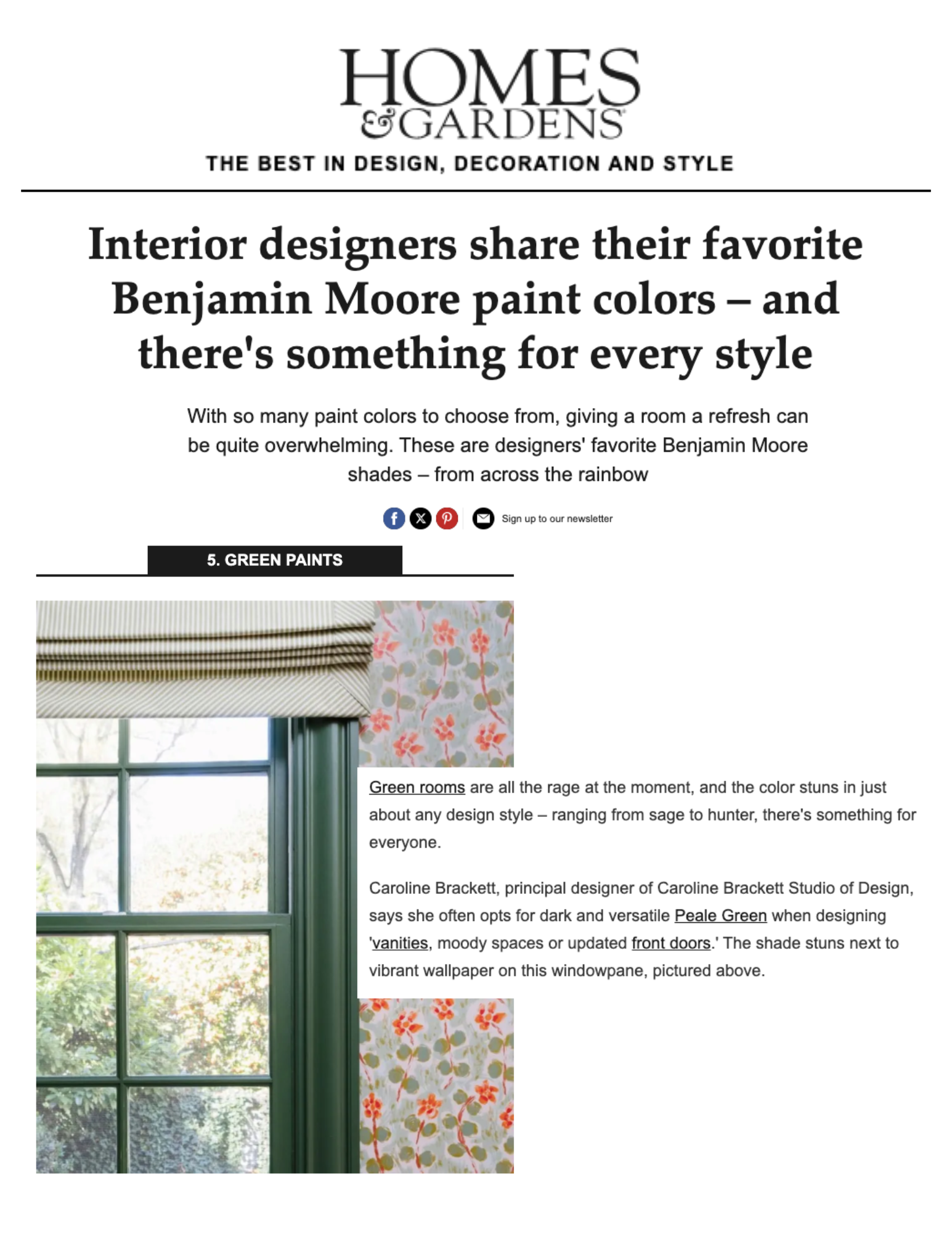 Magazine article about Benjamin Moore paint colors. Features a green window frame with floral curtains and wallpaper with a green, orange, and gray pattern. Text discusses favorite green shades for interior design.
