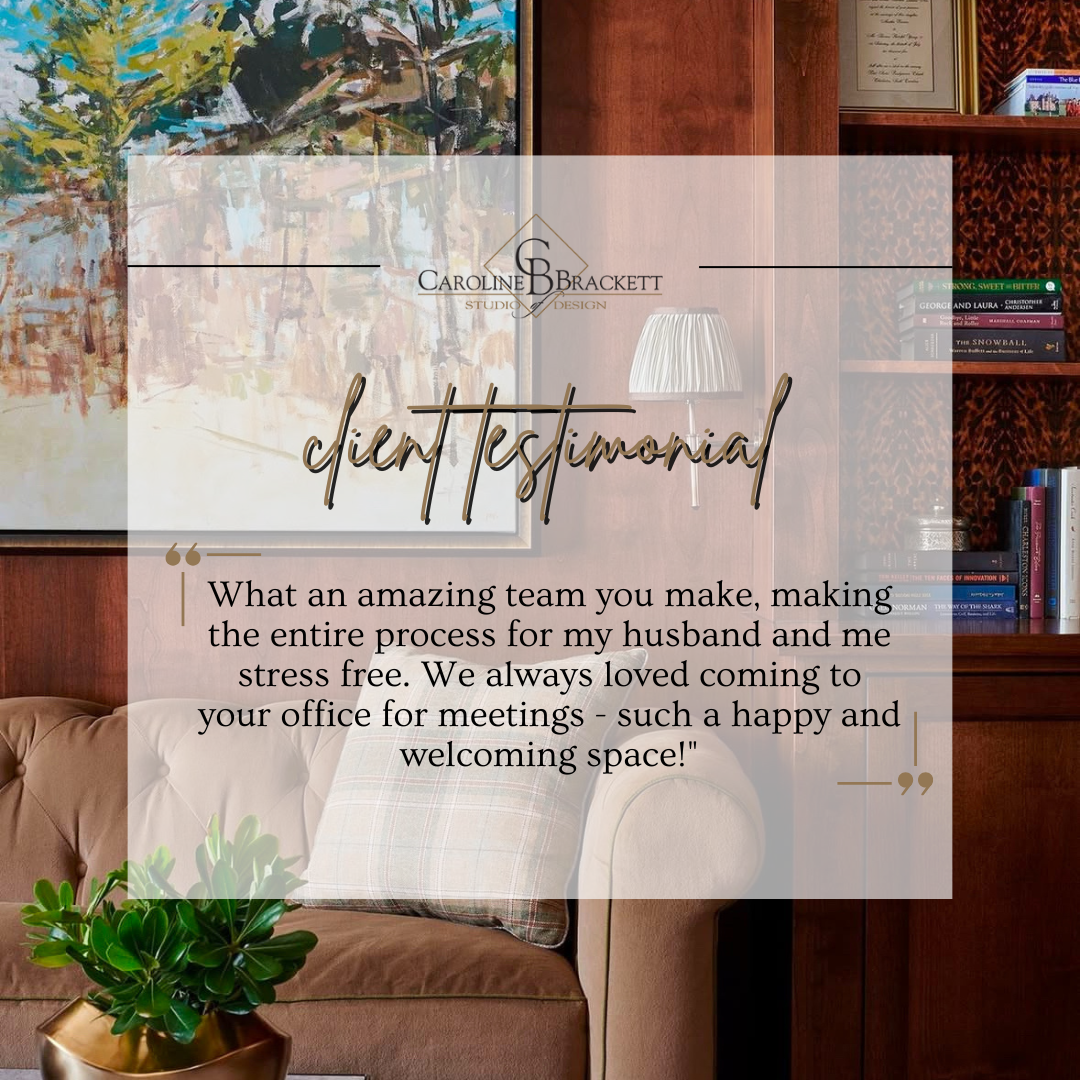 A framed impressionist painting of a tree with green and yellow leaves, a beige sofa with a plaid pillow and a small potted green plant in the foreground, wooden bookshelves with books, and a lamp with a shutter-style shade, all set in a cozy home office with a translucent overlay displaying client testimonial text.