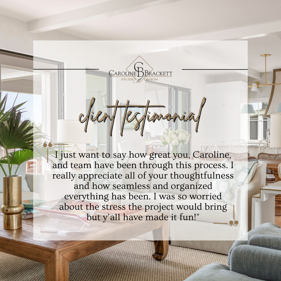 Testimonial graphic overlaid on a bright, modern living room with wooden table, white sofa, green houseplant, and large windows.