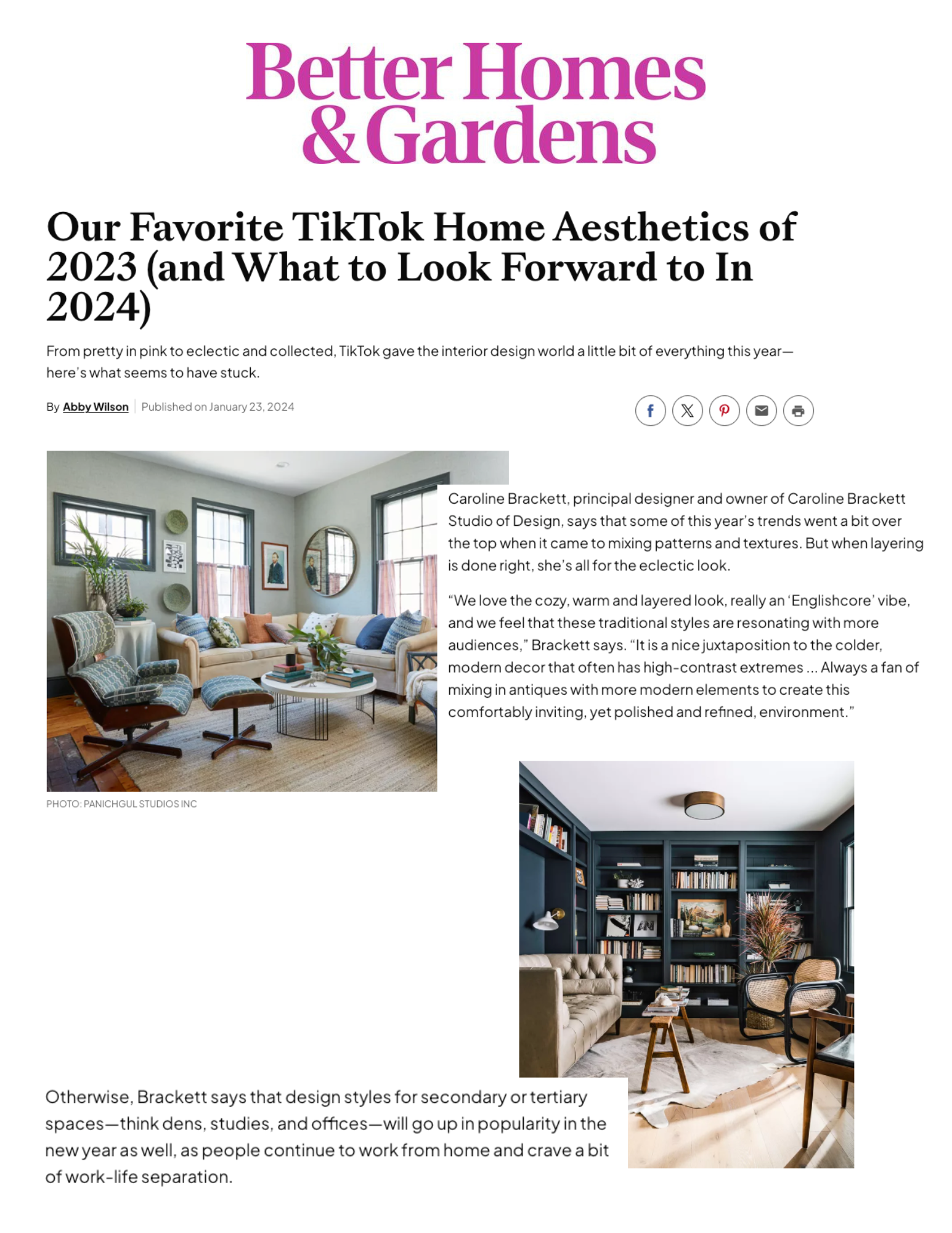 Article about TikTok home aesthetics of 2023 with two interior design photos, one of a cozy, layered living room with pastel and natural tones, another of a dark, modern study with navy walls and a built-in bookshelf.