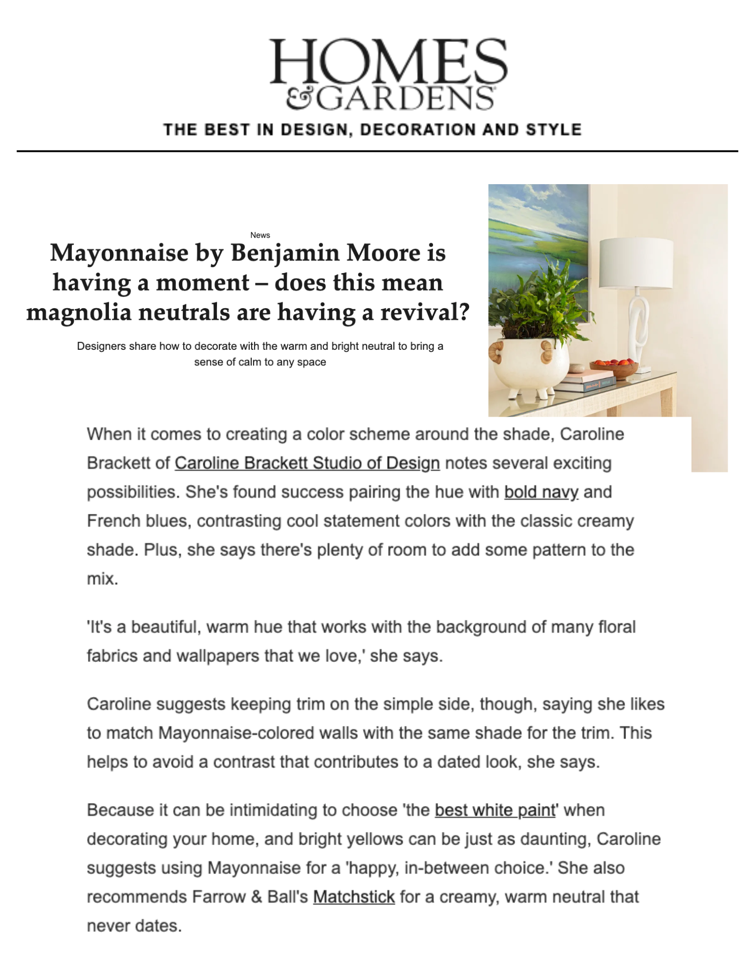 Magazine page featuring a home decor article with a photo of a lamp, a pot with a plant, and a painting on a table in a bright room.
