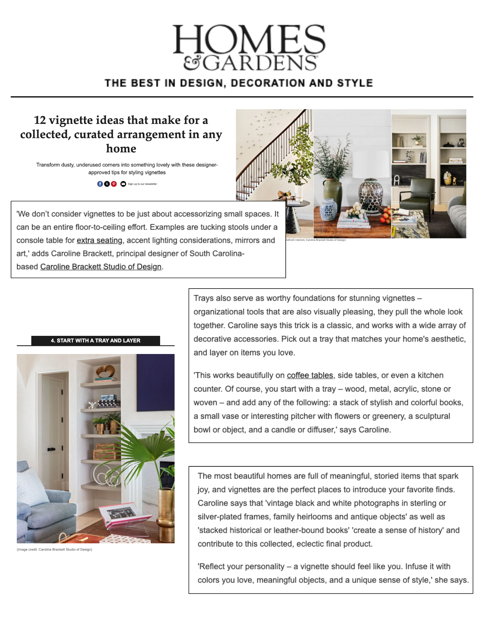 Magazine page from Homes & Gardens featuring interior decor ideas, including vignettes, trays, and styled living spaces with plants, books, and decorative objects.