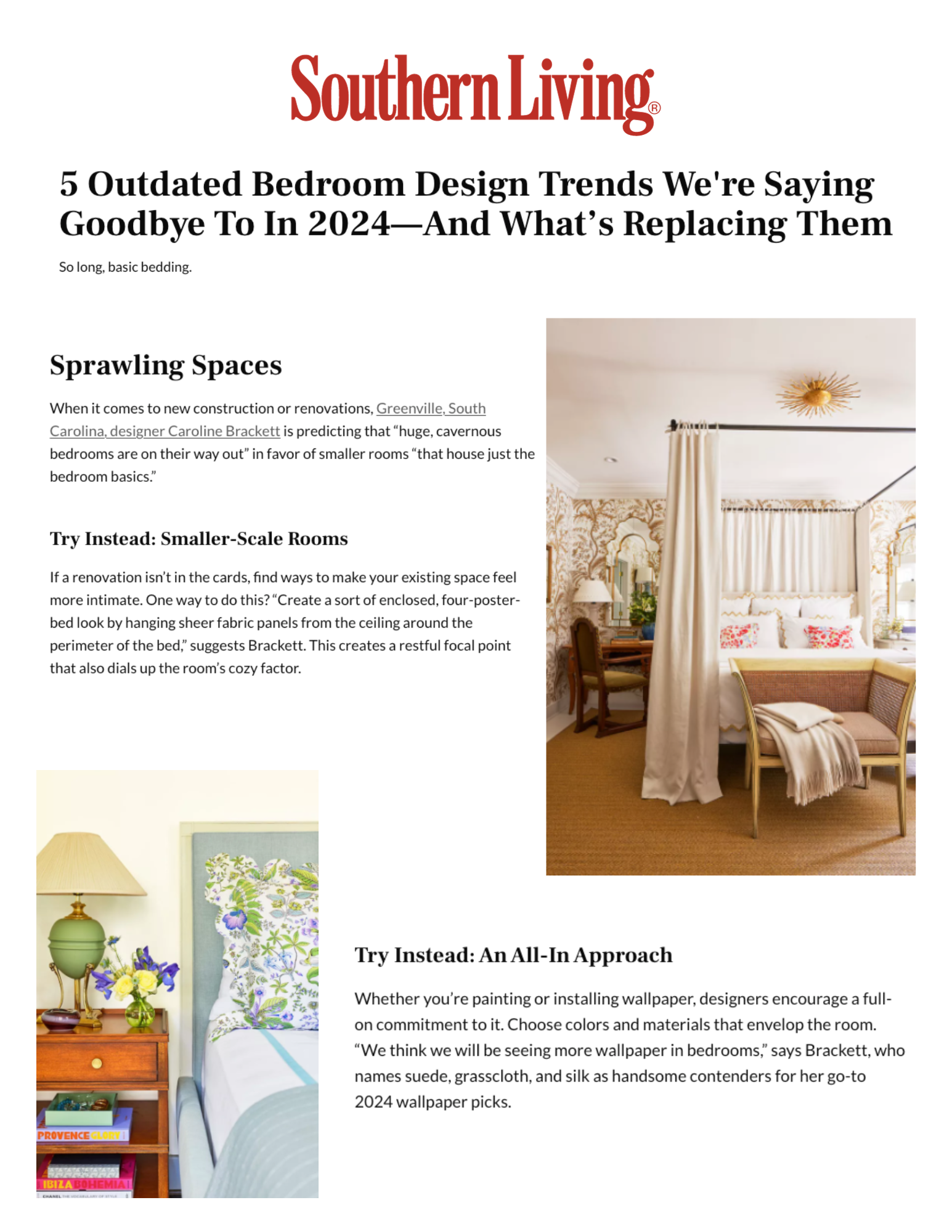 Page from Southern Living article about outdated bedroom design trends, featuring a photo of a bedroom with a four-poster bed, cream-colored curtains, and ornate wallpaper, and an inset image of a bedside table with a yellow lamp and colorful books.