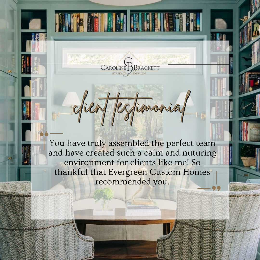Interior of a living room with built-in bookshelves, a window, and seating area with chairs and a round table, featuring a client testimonial overlay.