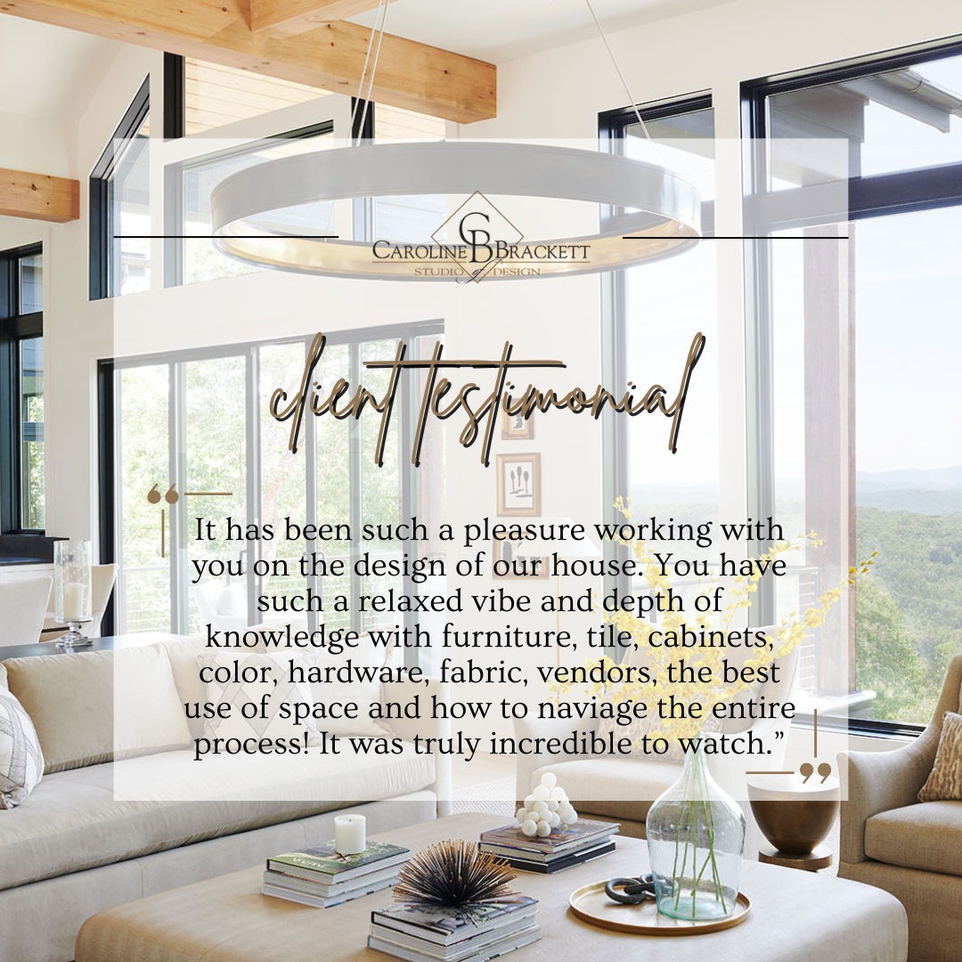 Testimonial overlay on an interior living room space with large windows, a sofa, chairs, and modern decor.
