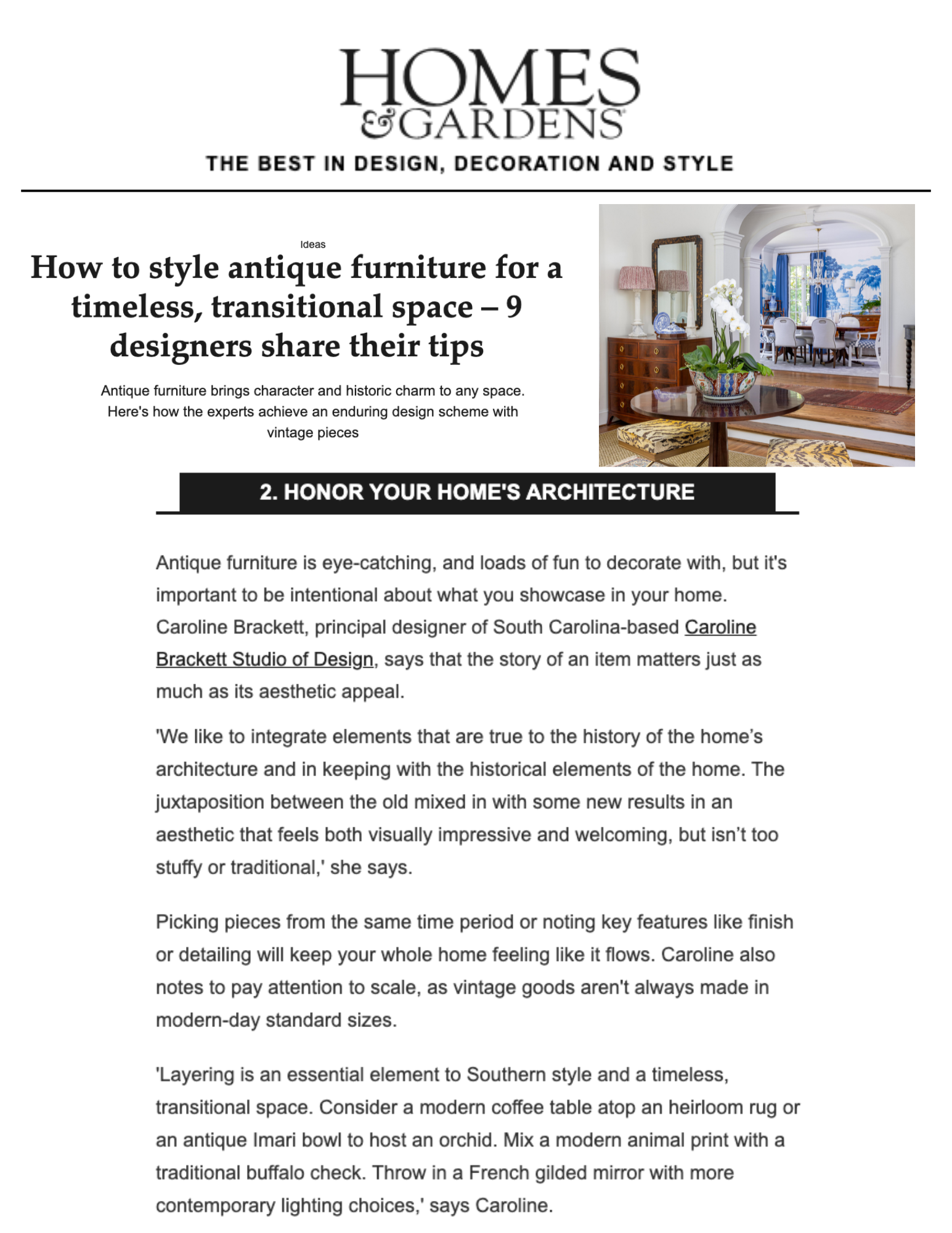 Excerpt from a magazine article titled 'How to style antique furniture for a timeless, transitional space' with a photo of a dining room showing vintage and classic furniture, including a round wooden table with a floral pot and a mirror in the background.