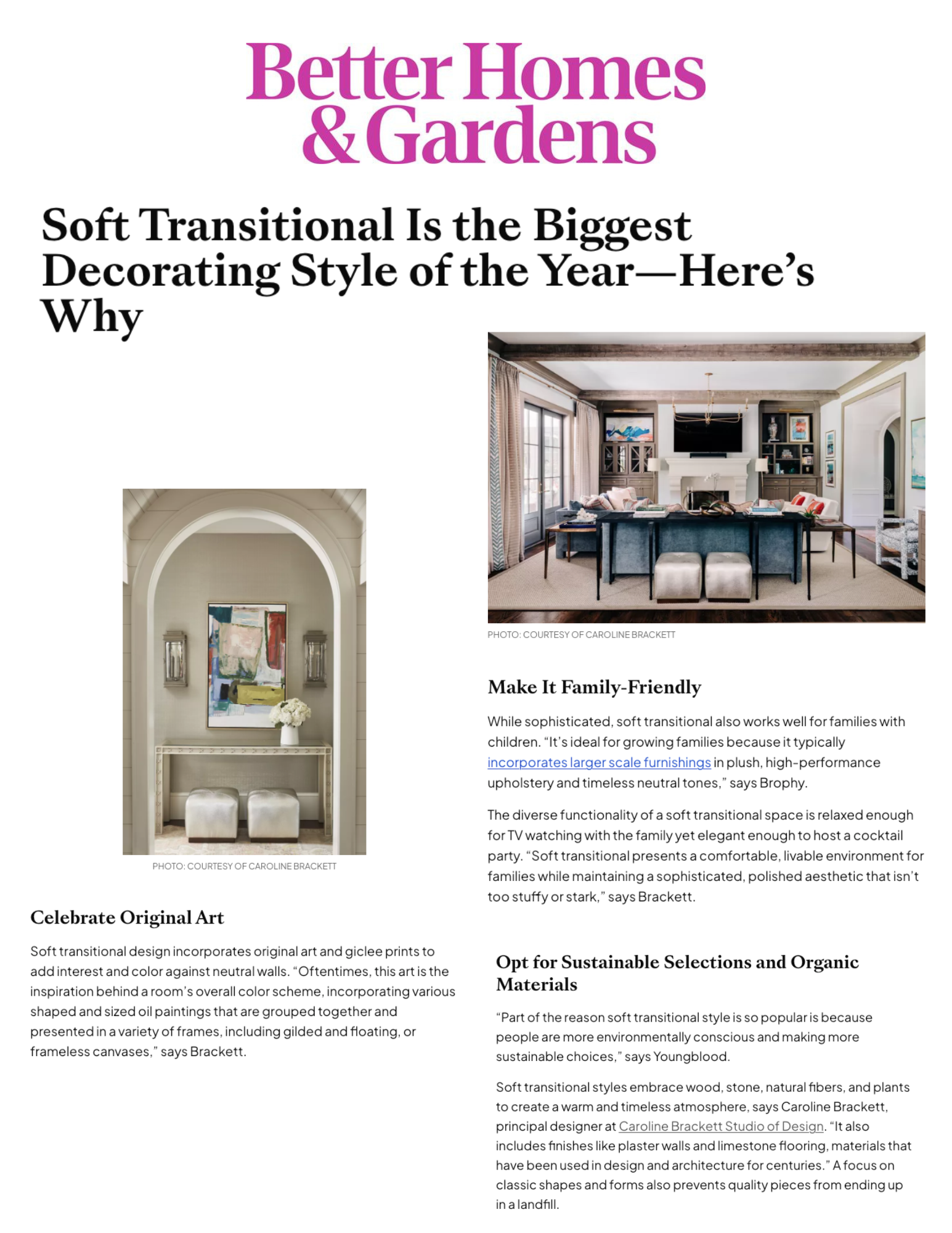 A magazine page about home decor, featuring a large picture of a cozy living room with neutral tones, a fireplace, and a bookshelf, and a smaller image of an entryway with abstract art and a console table.